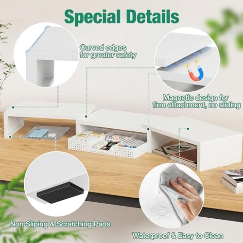 OPNICE Dual Computer Monitor Stand Riser, Desk Organizer with Drawer, Office Desk Accessories & Workspace Organizers for Home Office Supplies, White