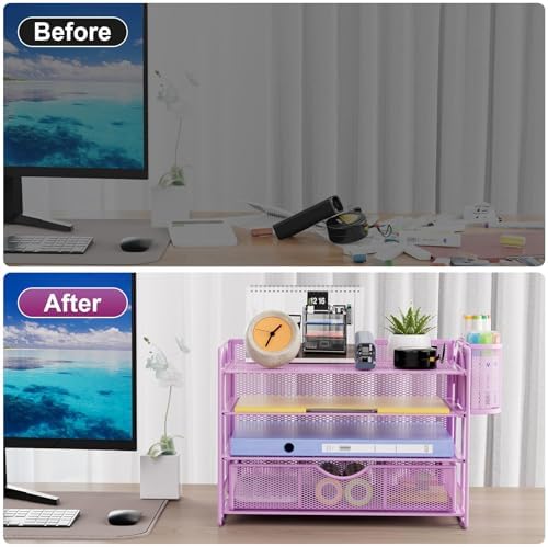Marbrasse Desk Organizer, 4-Tier Paper File Letter Tray, Purple-2P