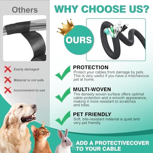 UOMTFAI Dog and Cat Cord Protector 10ft - 1inch, Flexible Cable Sleeve for Easy Cord Management, Protects Cables from Pets Chewing, Ideal for USB, Power, Audio and Video Cords - Black
