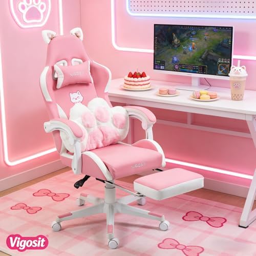 Vigosit Pink Cat Ear Gaming Chair with Footrest - Cute Gaming Chair for Girls, 310lbs Capacity, Adjustable Height & Lumbar Support, Ergonomic Computer Chair for Teens