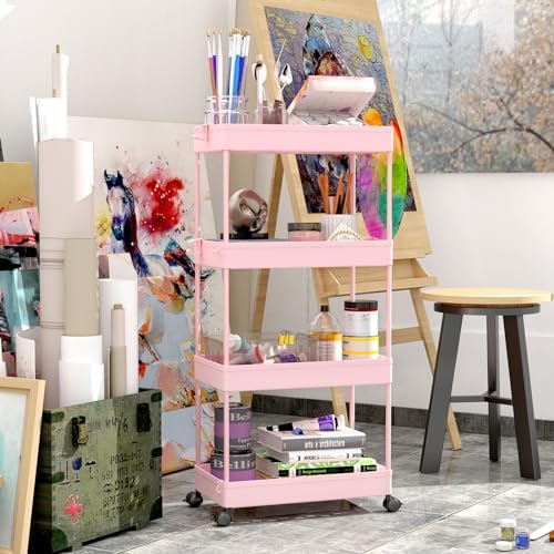 SPACELEAD 4 Tier Rolling Cart with Wheels, Storage Craft Art Trolley Organizer Serving, 3 Hanging Baskets Easy Assembly, for Office, Living Room, Kitchen