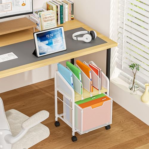 Tiaoheka Rolling File Cabinet with Adjustable Dividers, Mobile Filing Cabinet with Storage Drawer on Lockable Wheels, Hanging File Organizer Beside Under Desk for Office, Home, White（Patent Pending）