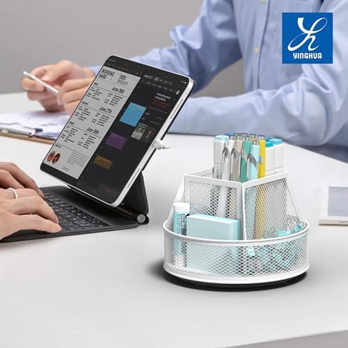 YINGHUA 360°Rotating Mesh Desk Organizer & Pen Holder - White