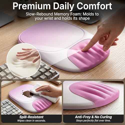 Ergonomic Mouse Pad with Wrist Rest, Sloped Memory Foam Mousepad with Wrist Support, Cooling Channels, Non-Slip Base, Smooth Lycra Surface for Office, Gaming & Home Desk (Sakura Pink)