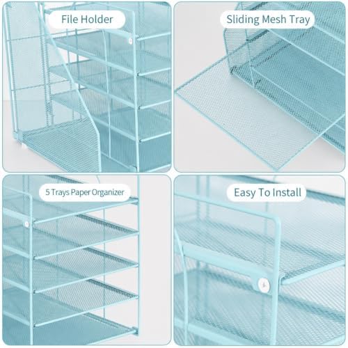 LEKETREE Desk Organizers and Accessories, 5-Tier Paper Letter Tray Organizer with File Holder, Desktop Organizer for Office Supplies (Blue)