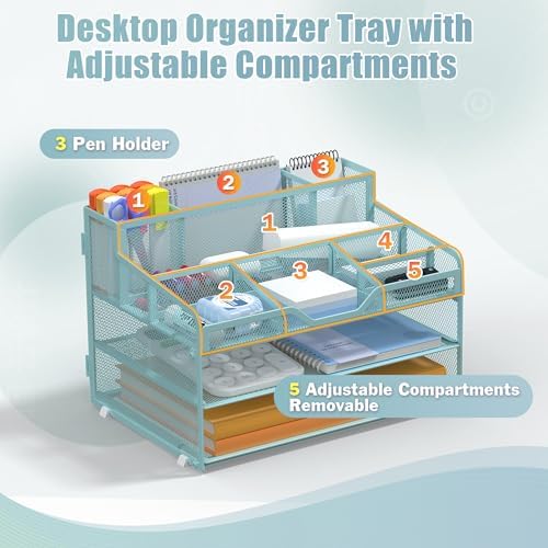 Docnest 3 Tier Mesh Desk Organizer with Letter Tray & Paper Sorter, Blue