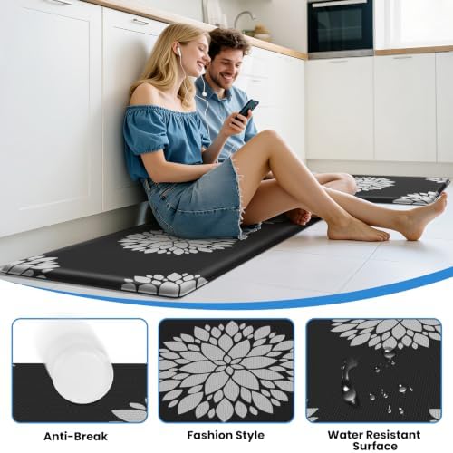 2PCS Kitchen Mats for Floor, Anti Fatigue Non-Slip Water Resistant Black Rug