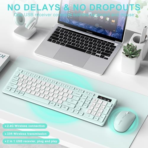 Wireless Keyboard and Mouse Combo Silent for Office and Home(Mint Green-B)