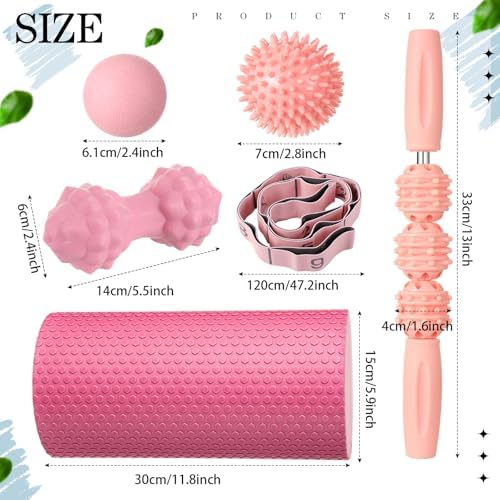 Seenelling 6 Pcs Muscle Foam Roller Set Massage Ball Stick Strap, Pink