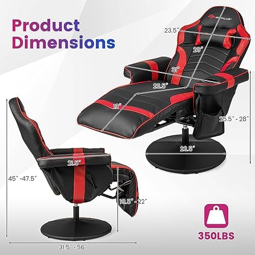 Goplus Gaming Chair, Height Adjustable Massage Video Game Chair with Retractable Footrest, Cup Holder, Headrest, Swivel Office Chair, Racing Style Swivel Gamer Chair (Red)