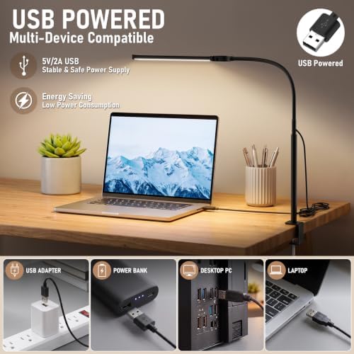 Voncerus LED Desk Lamp for Home Office, Double Head Desk Light with Clamp