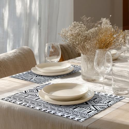 Shrahala White Boho Triangle Set of 6 12 X 18 Inch Linen Placemats, Black Geometric Bohemian Burlap Table Mat Washable Double Layered Heat Insulation for Indoor/Outdoor