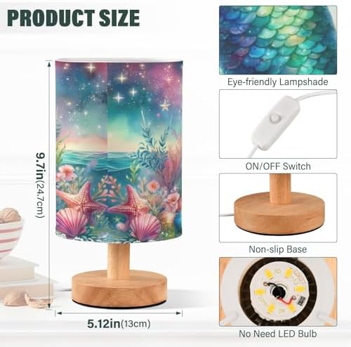 ALAZA Mermaid Moon Star Starfish Ocean Decor Bedside Table Lamp with USB Port for Bedroom Nightstand Office Desk LED Bulb Included