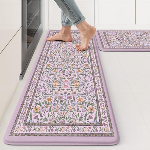 KIMODE Anti Fatigue Kitchen Mat,Cushioned Boho Flower Kitchen Rug Sets of 2
