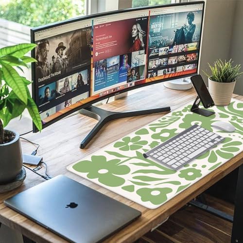 iCasso Desk Mat, Desk Matt for Desktop, Cute Desk Pad Mat, Green Flowers