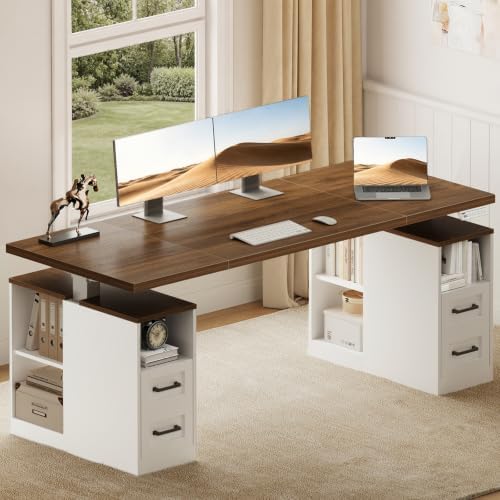 OffiGo 63 Inch Farmhouse Standing Desk with Storage Drawers, Walnut White
