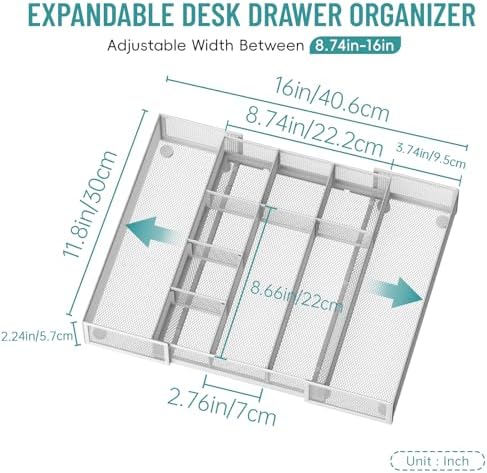 Expandable Desk Drawer Organizer, 10 Adjustable Compartments, White
