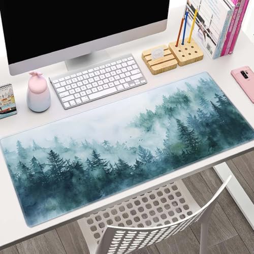 Desk Mat, Big Desk Pad, XL Extended Gaming Mouse Pad, Large Mouse Pad for Desk Rubber Base Mousepad with Stitched Edges, Keyboard Mouse Mat for Work, Game, Office, Home - Watercolor Forest Misty