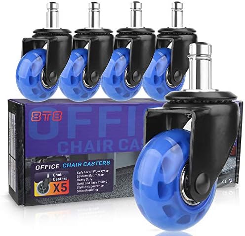 8T8 Upgraded Chair Caster Wheels 2'', Quiet and Smooth Gliding,Heavy Duty Wheels with Plug-in Stem 11X22 (7/16''X7/8''), Safe for Hardwood Carpet Tile Floors, Set of 5 (Blue, 2 inch)