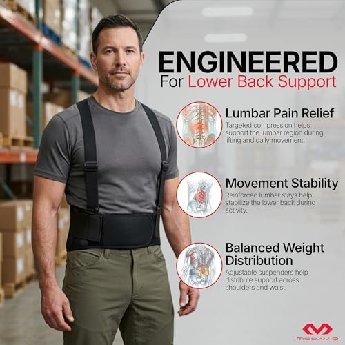 McDavid Back Brace with Suspenders, Adjustable Lumbar Support with Steel Stays for All-Day Lower Back Stability and Pain Relief Black