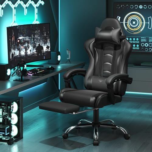 Yaheetech Gaming Chair with Footrest Massage Lumbar Pillow Reclining Black