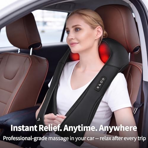 MagicMakers Shiatsu Neck Massager with Heat for Pain Relief, Leather Black