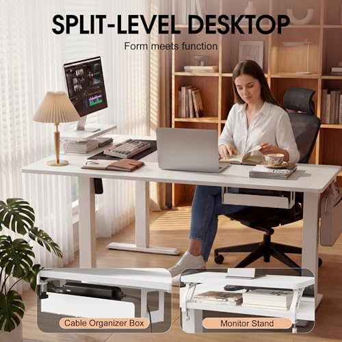Furmax 63 x 47 Inch L Shaped Standing Desk with 2 Preset Heights, Electric Height Adjustable Computer Desk, Corner Sit Stand Desk for Home Office, 2 Hooks & Feet Balance (White, 63 x 47 Inch)
