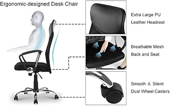 Mesh Office Chair for Home, Ergonomic Swivel Desk Chair with Armrests and Castors, Breathable, Adjustable