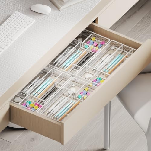 Desk Drawer Organizer Tray, Mesh Desk & Office Drawer Organizer, Suitable for Tools, Pencils & Office Supplies Storage (White)
