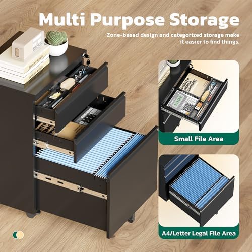Greenvelly 3 Drawer Mobile File Cabinet with Lock, Metal Filing Cabinet on Wheels, Under Desk File Cabinet for Home Office Organizer Letter/Legal/A4 File (Unassembled, Black)