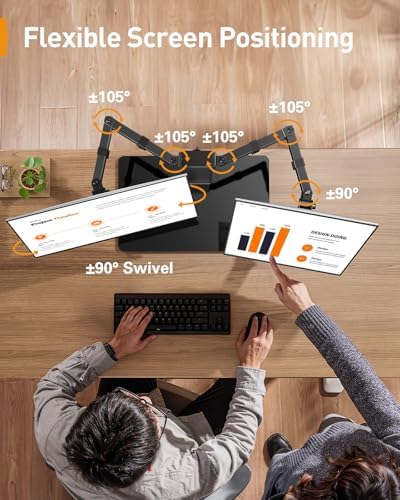 Perlegear Dual Monitor Stand with Power Strip, Freestanding Computer Monitor Stand for 2 Screens up to 32 Inch, Monitor Stand Riser with Glass Base and Adjustable Arms, Holds 22 lbs per Arm, PGTVS41B