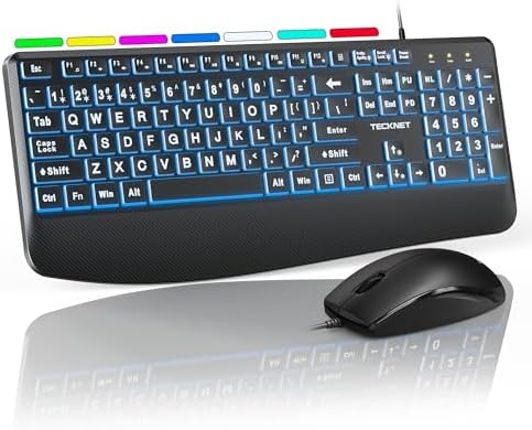 TECKNET Wired Keyboard and Mouse Combo, 4X Large Print, 7-Color Backlit Silent Keyboard Kits, Ergonomic Design with Wrist Rest, Soft-Typing, USB Plug & Play for Computer/Mac/Laptop