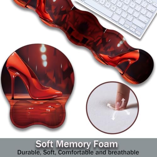 Ergonomic Keyboard Wrist Rest & Mouse Wrist Support Set with Lace Coaster, Gel Memory Foam Anti-Slip Base, Pain Relief for Typing, Red High Heels