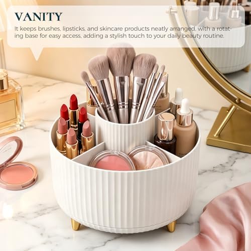 KONVINIT Pencil Pen Holder for Desk, 5 Slots 360-Degree Rotating Desktop Organizer, Cute Desk Organizers and Accessories for School, Home, Office and Art Supply, White
