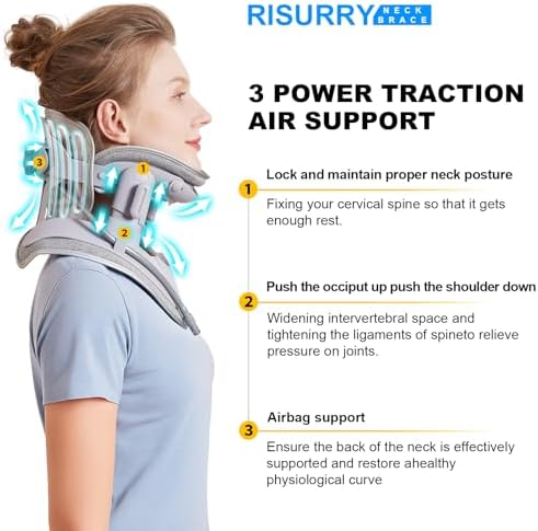 Cervical Neck Traction Device Fast Air Pump Neck Brace, Adjustable Inflatable Neck Stretcher with 3 Power Tractions Pain Relief Neck Decompression Tension Relief