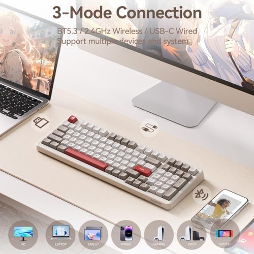 AUSDOM H98 Wireless Bluetooth Mechanical Keyboard, BT5.3/Type-C/2.4G Tri-Mode Hot Swappable Custom Gaming Keyboards, Gasket, RGB, Numpad, Computer Keyboard for Mac/Win/Office, 98 Keys(Clicky Sound)