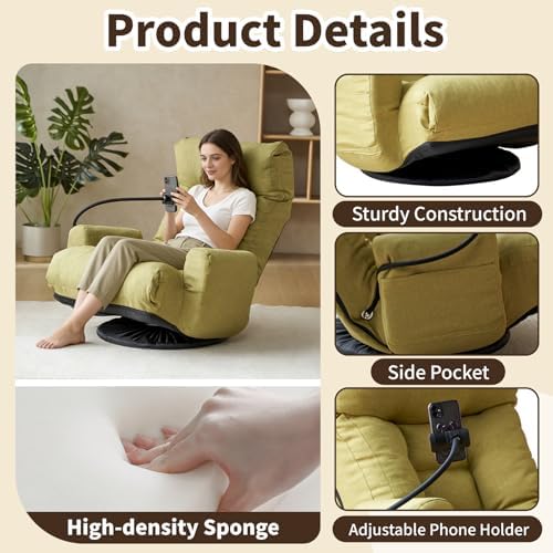 Swivel Lazy Floor Chair, Adjustable Reclining Floor Lounger with Head & Back Support and Phone Holder, Comfy Tatami Sofa Seat for Adults Bedroom & Gaming, Green