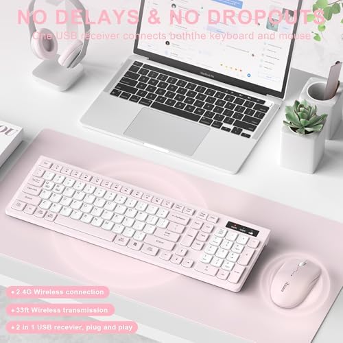 Wireless Keyboard and Mouse Combo Silent for Office and Home(Pink-B)