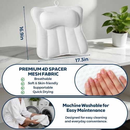 Bath Pillow for Tub,Large Bathtub Pillow with Raised Headrest and Full Back Support,Thick Cushioned Tub Pillow for Soaking Tub,Hot Tub and Spa,White