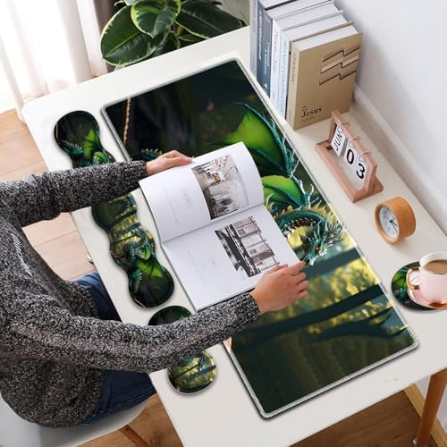 4 in 1 Mouse Pad Combo, Large Gaming Mouse Pad + Keyboard Wrist Support + Mouse Wrist Rest + Coaster, Table Pad 31.5 "x 11.8" with Memory Foam Ergonomic Wrist Pad Set, Forest Green Dragon