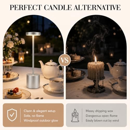 AUDLES Silver Rechargeable Table Lamps 2 Pack, Cordless Battery Operated LED Desk Lamp with Touch Control, 3 Color Temperatures, Dimmable Portable Lamps for Bedroom, Dining Room, Patio, Restaurant