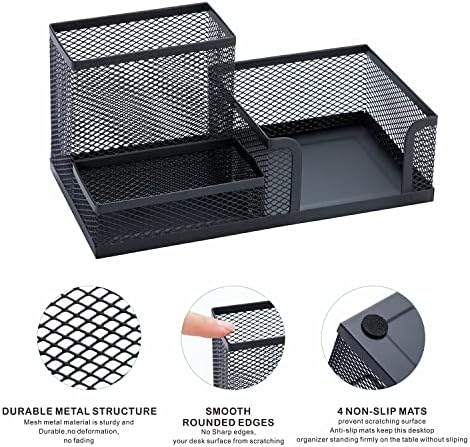 Black Mesh Pen Holder - Multipurpose Mesh Desk Organizers Large Capacity Office Supplies with Sticky Notes Holder and 3 Compartments 4 Non-slip Mats Easy Storage Suitable for School, Home