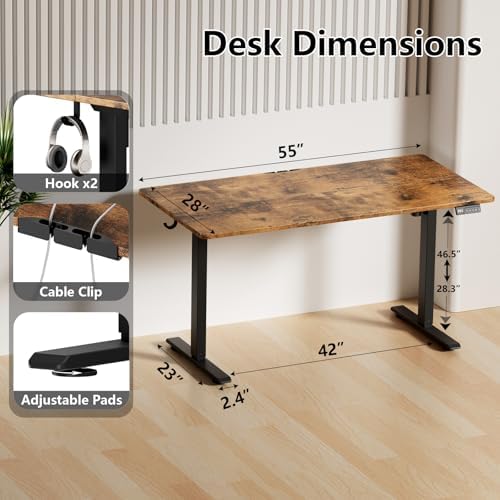 Electric Standing Desk, Computer Game Desk Adjustable Height Desk with 3 Memory Height, 55" Stand Up Desk with Two Desktops for Home Office, Study and Gaming