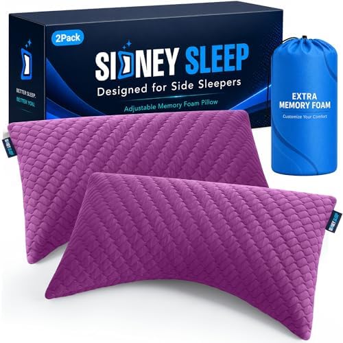 Sidney Sleep Set of 2 Queen Size Adjustable Bed Pillows for Side and Back Sleepers - Memory Foam Pillows for Neck and Shoulder Support - Customizable Loft - Extra Foam Included (Magenta)