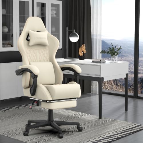 Ferghana Vintage PU Leather Gaming Chair, Ergonomic Reclining Racing Gamer Chair with Massage Lumbar Support, High Back Computer Office Chair with Footrest for Adults, White