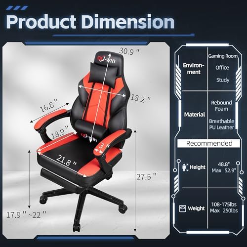 Gaming Chair, Office Chair with Footrest and Lumbar Support, Height Adjustable Game Chair with 360°-Swivel Seat and Headrest and for Office or Gaming (Deep Red)
