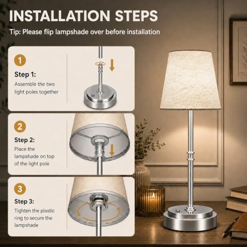 Rechargeable Cordless Table Lamp, Battery Operated Bedside Lamp, Silver