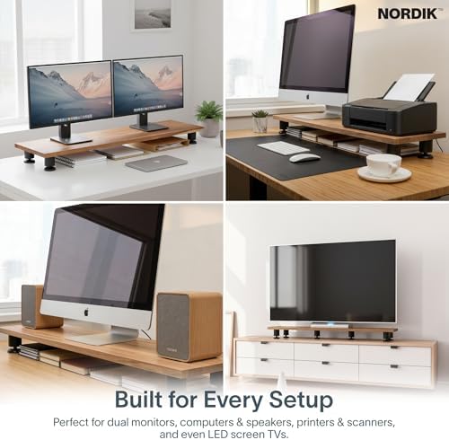Nordik Dual Monitor Stand Riser -Hardwood Acacia Monitor Shelf 42x10.5 in
