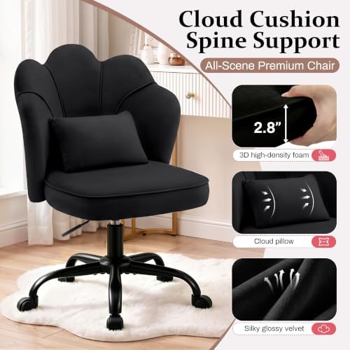 Vanity Chair with Wheels, Swivel Velvet Makeup Desk Chair, Black