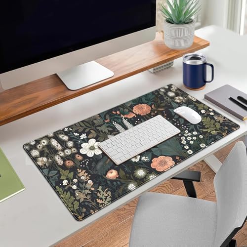 Dark Flower Desk Mat Floral Plants Mouse Pad Boho Aesthetic Wildflowers Large Gaming Mousepad Desk Pad, XXL Keyboard Mouse Mat Full Desktop Mat Women Office Desk Accessories 31.5"x15.7"